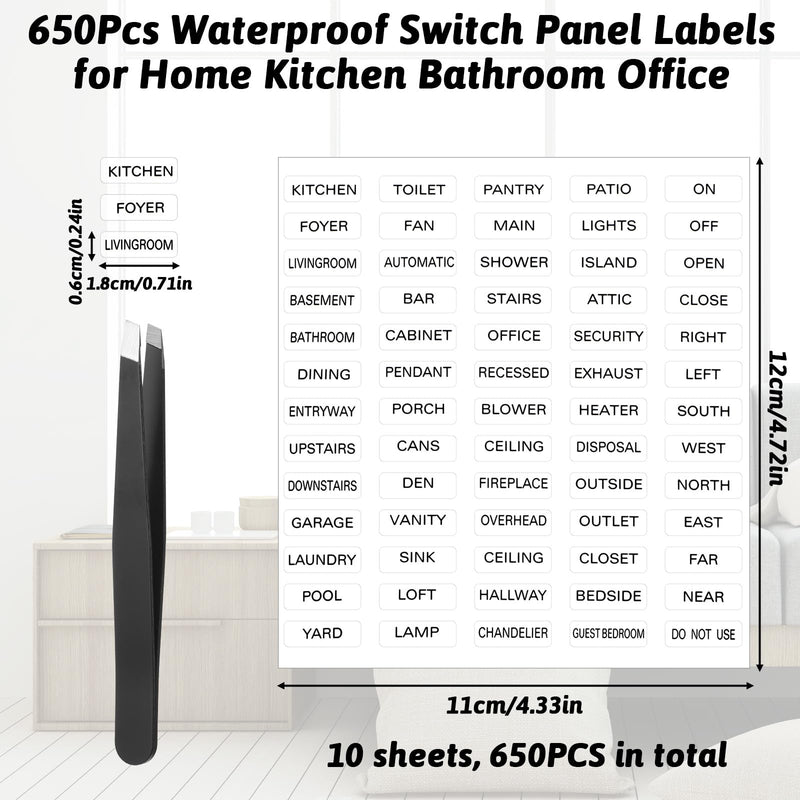 650 PCS Light Switch Labels, Clear Transparent with Text Light Switch Sticker Set for Home and Office Organization, with Tweezers