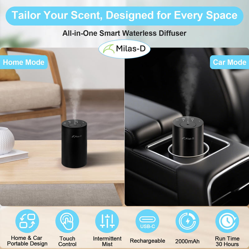 [Australia - AusPower] - Waterless Essential Oil Diffuser, Battery Operated Nebulizer with 3-Timers & 3 Mist Levels, 0.7 fl.oz./20ml, Mini Scent Air Machine, Home Car Office Studio, Portable & Rechargeable, Milas-D, Black 