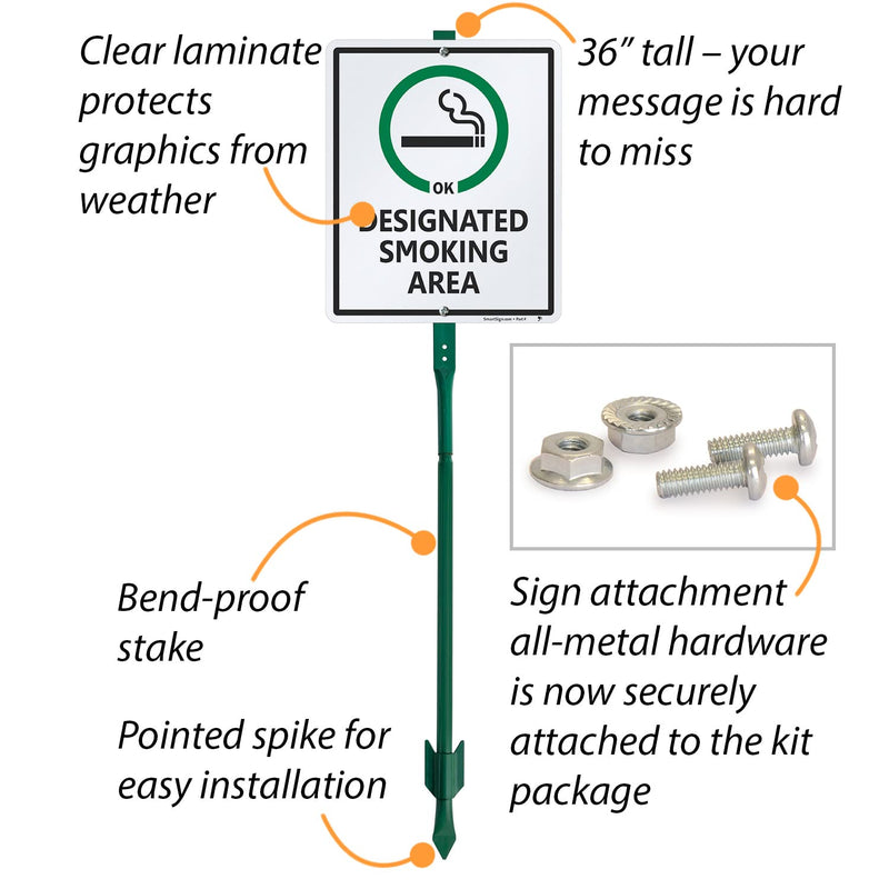 SmartSign 12 x 10 inch “Designated Smoking Area” Yard Sign with 3 foot Stake, 40 mil Laminated Rustproof Aluminum, Green, Black and White, Set of 1 36" Tall Sign Kit