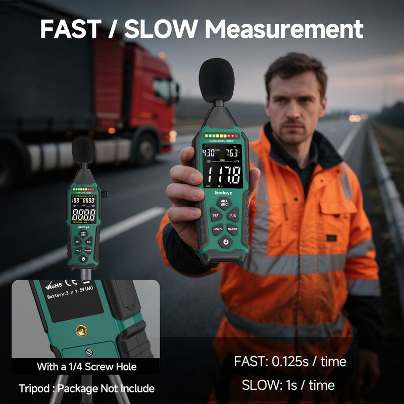 [Australia - AusPower] - Rechargeable Decibel Meter, Gedaye Sound Level Meter, A/C Weighted SPL Meter, Portable Noise Measure Device Range 30-130dB, Noise Detector Sound Monitor Decibel Reader Classroom Factory Noisy Neighbor Green 