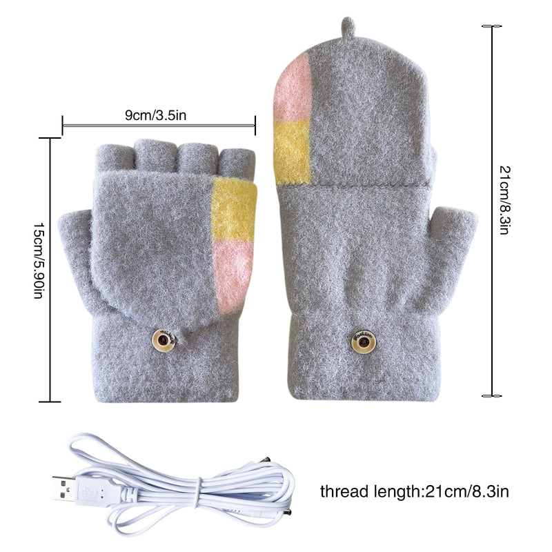 [Australia - AusPower] - Women's & Men's USB Heated Gloves Mitten Full & Half Fingerless Winter Hands Warmer Laptop Gloves Colorful Grey 