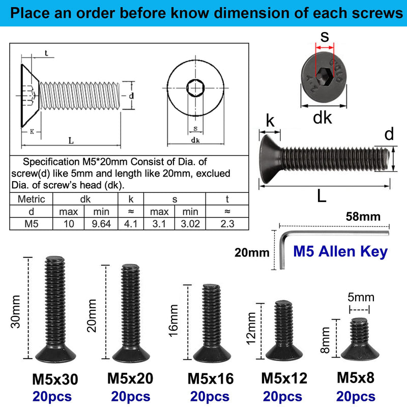[Australia - AusPower] - 100PCS M5 x 8/12/16/20/30mm Flat Head Hex Socket Cap Screws Bolts, CSK Allen Head Machine Screws Set With Hex Key, Grade 10.9 Alloy Steel Black Oxide Finish, Fully Threaded Pitch: 0.8mm 100pcs-M5 x 8/12/16/20/30 
