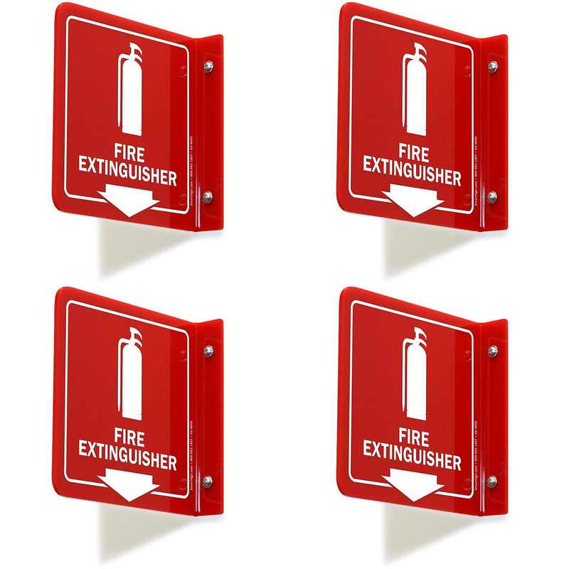 SmartSign (4-Pack) Fire Extinguisher Projecting Sign - 6" x 6", Two-Sided Wall Mount Polished Acrylic Hallway Sign with Down Arrow, White on Red 6" x 6" - Pack of 4