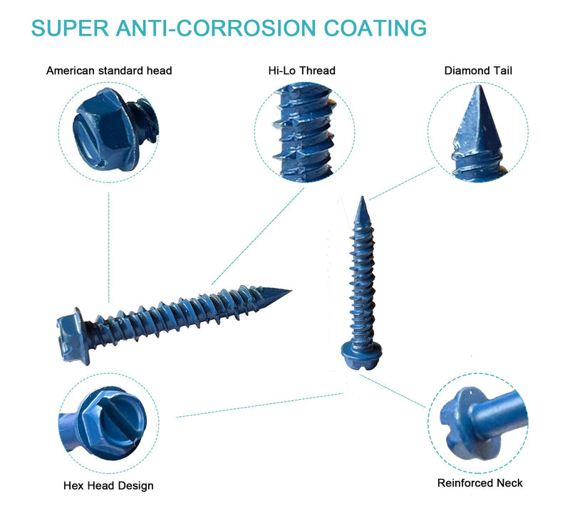 3/16 x 1-1/4" Hex Head Concrete Screw Anchor, for Anchoring to Masonry, Block or Brick (100Pcs) 3/16 x 1-1/4"