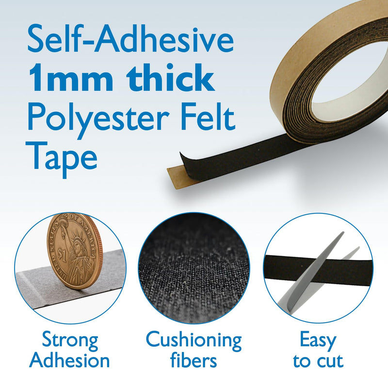 FindTape Polyester 1mm Felt Tape – 3/4 in. x 75 ft. Felt Strips with Adhesive Backing and Furniture Strips, Great for Arts and Crafts, Classrooms, and Protecting Furniture (Black) Black 3/4 in x 75 ft