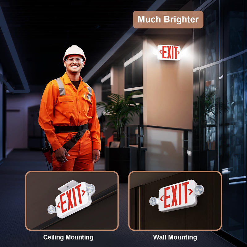 Emergency Sign Combo with Battery Backup, Double Sided Hardwired 6 LED Exit Sign, Adjustable Head Red Emergency Exit Light - Ceiling/Wall Mount, UL Listed, AC 120/277V (1 Pack) 1 Pack