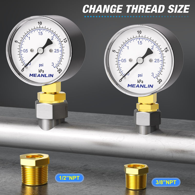 [Australia - AusPower] - MEANLIN MEASURE 0-3Psi Diaphragm Type Capsule Low-Pressure Gauge, Water Column Gauge, 2.6" Dial, 1/4" NPT, Rear Adjustable Knob, with 1/2" NPT and 3/8" NPT Hex Bushing, Lower Mount 0~3Psi 
