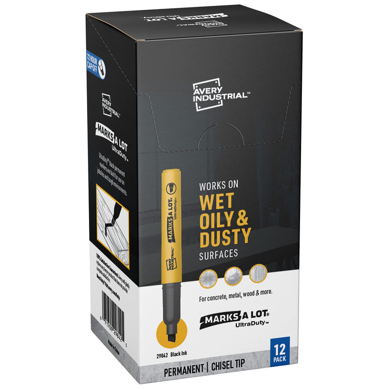 Avery Marks A Lot UltraDuty Chisel Tip Permanent Markers, Water Resistant Ink, For Jobsites and Tough Environments, 12 Black Markers (29842)