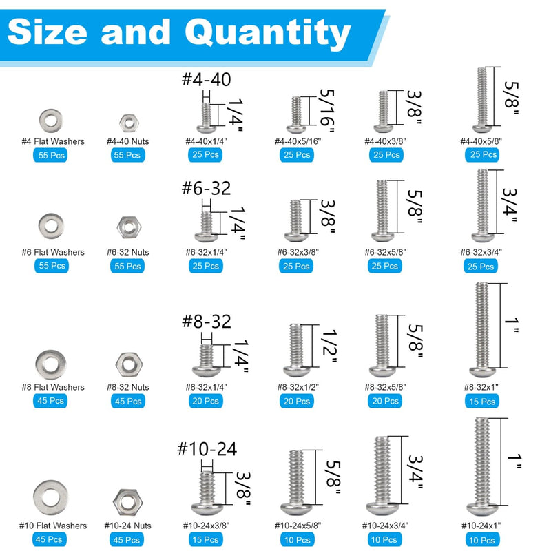 720pcs #4-40#6-32#8-32#10-24 Phillips Pan Head Machine Screws Nuts Washers Assortment Kit,304 Stainless Steel, Coarse Thread, Fully Machine Thread #4-40 #6-32 #8-32 #10-24