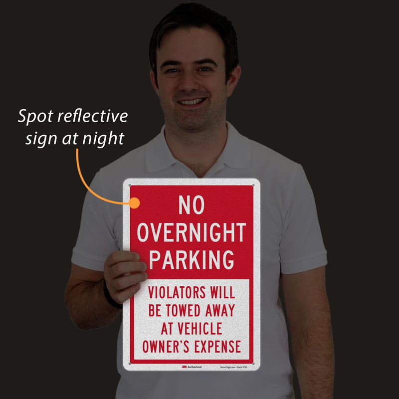 SmartSign 2-Pack 'No Overnight Parking Violators Towed Away At Vehicle Owner's Expense' Sign, 10" x 14", 40 mil Aluminum, 3M Laminated Engineer Grade Reflective Material, Red and White, Made in USA Pack of 2
