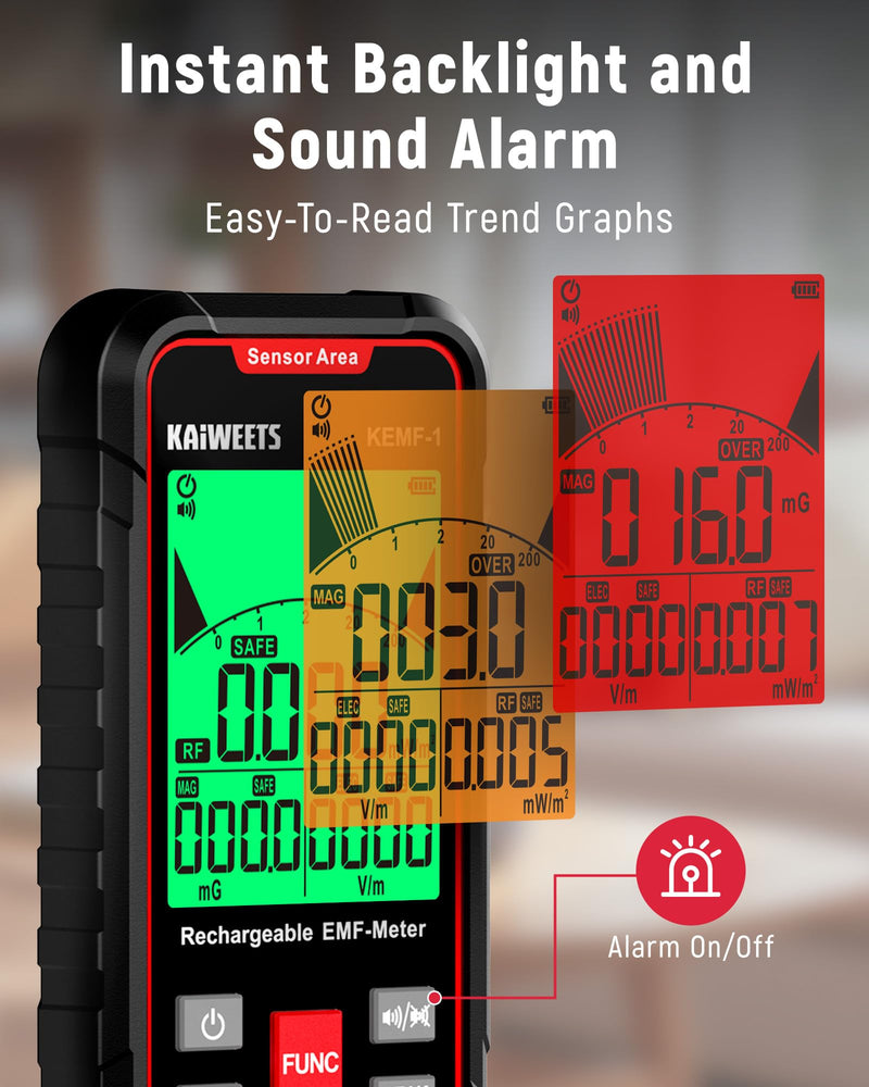 [Australia - AusPower] - KAIWEETS EMF Detector, 3-in-1 Handheld EMF Meter Detects EF, RF, MF, WiFi Signal, Rechargeable Radiation Detector with 3 Color Backlight and Sound Alarm, Suitable for Home, Office, Ghost Hunting 