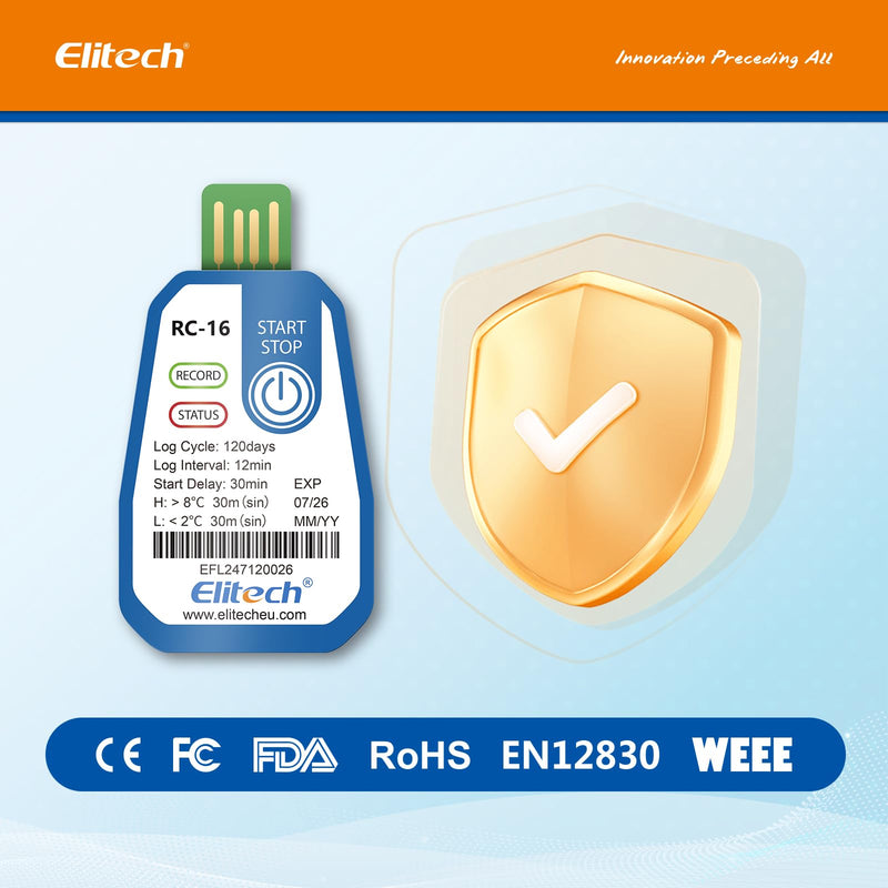 Elitech RC-16 Disposable USB Temperature Logger 120 Days Continuous Recording for Food, Medication & Vaccine Cold Chains, Alarm Function, IP67 Water Protection, Adjustable Parameters 1