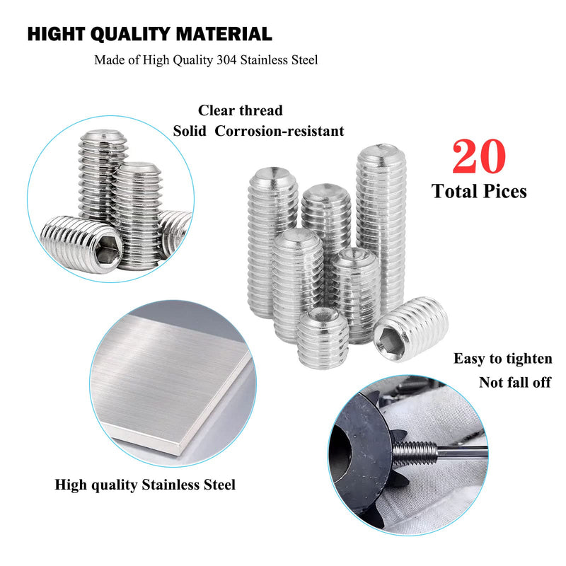 [Australia - AusPower] - 20pcs 5/16-18 Inch 4 Sizes Thread Hex Socket Set Screw Assortment kit – 304 Stainless Steel Full Thread Cup Point Grub Screws Set Screw for Bathroom Fixtures, Door Handles, Light Fixtures etc 304ss 5/16-18 4 Sizes-20pcs 