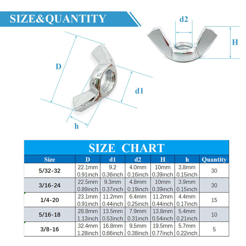 [Australia - AusPower] - 38 Pcs 5 Sizes 5/32",3/16",1/4",5/16",3/8" Wingnuts, Quality Carbon Steel Wing Nuts Zinc Plated Fasteners Parts Butterfly Nut, Hand Twist Tighten Hardware Nuts Butterfly Wing-Nut Assorted Kit 5 Sizes-38 Pcs 