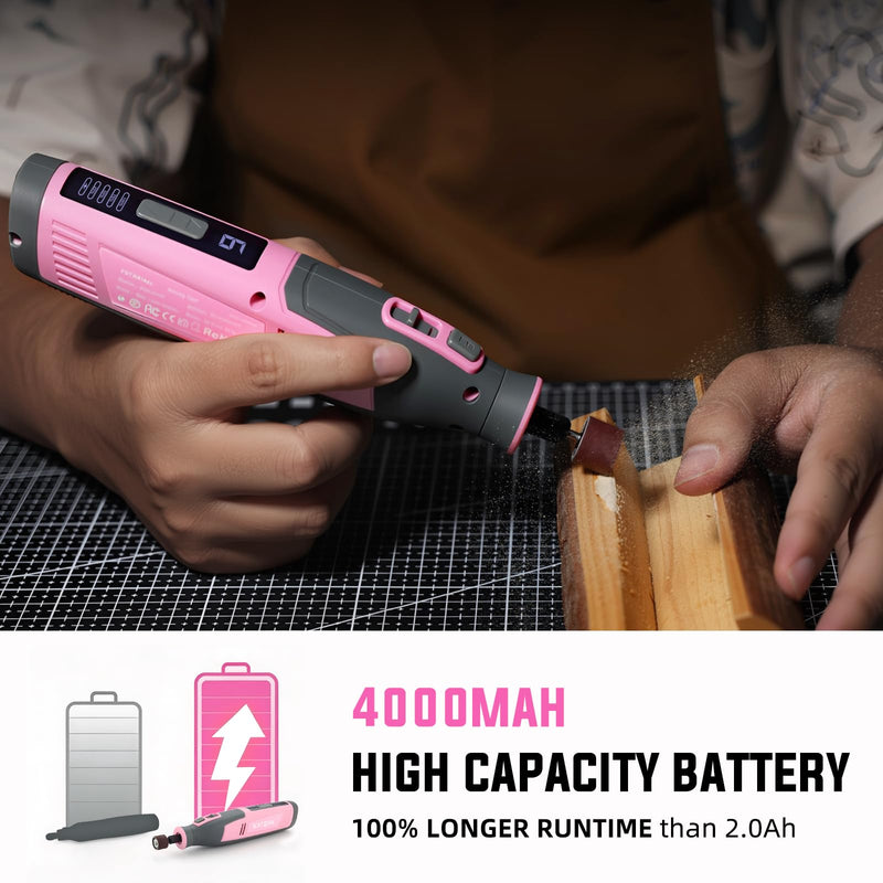 Katerk Cordless Rotary Tool, 4000mAh Battery, 6-Speed, 28000RPM, Rotary Tool Kit with 70 Accessories Light duty Engraving Pen for Sanding, Polishing, Drilling, Etching, Grinding, Wood Carving Pink
