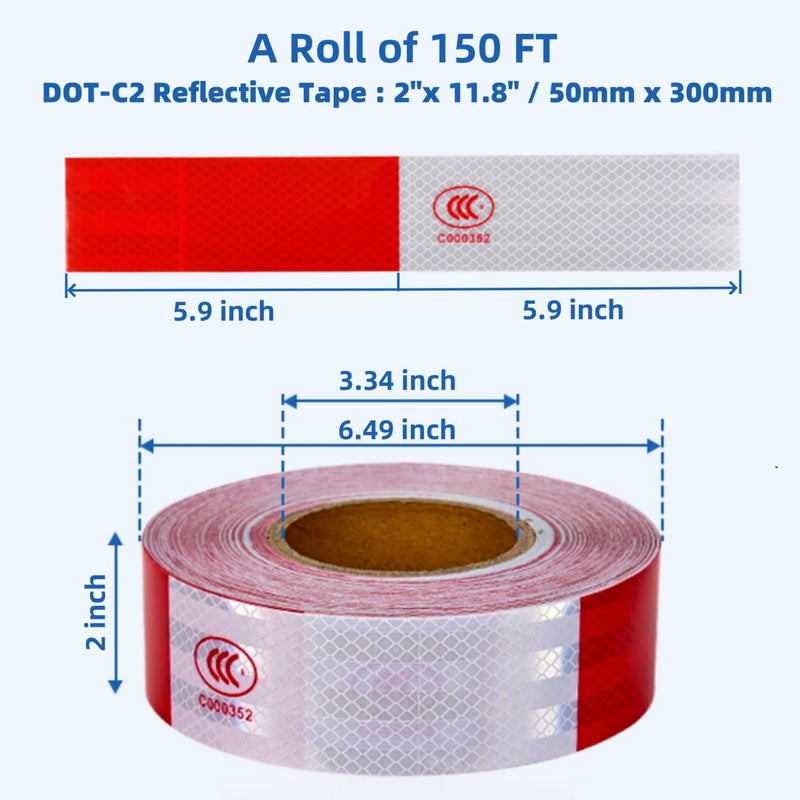 DOT Reflective Tape for Trailers - 2" x 150' Red & White DOT-C2 Approved Reflective Tape Outdoor Waterproof, High Visibility 3m Trailer Reflector Tape for Trucks, Vehicles