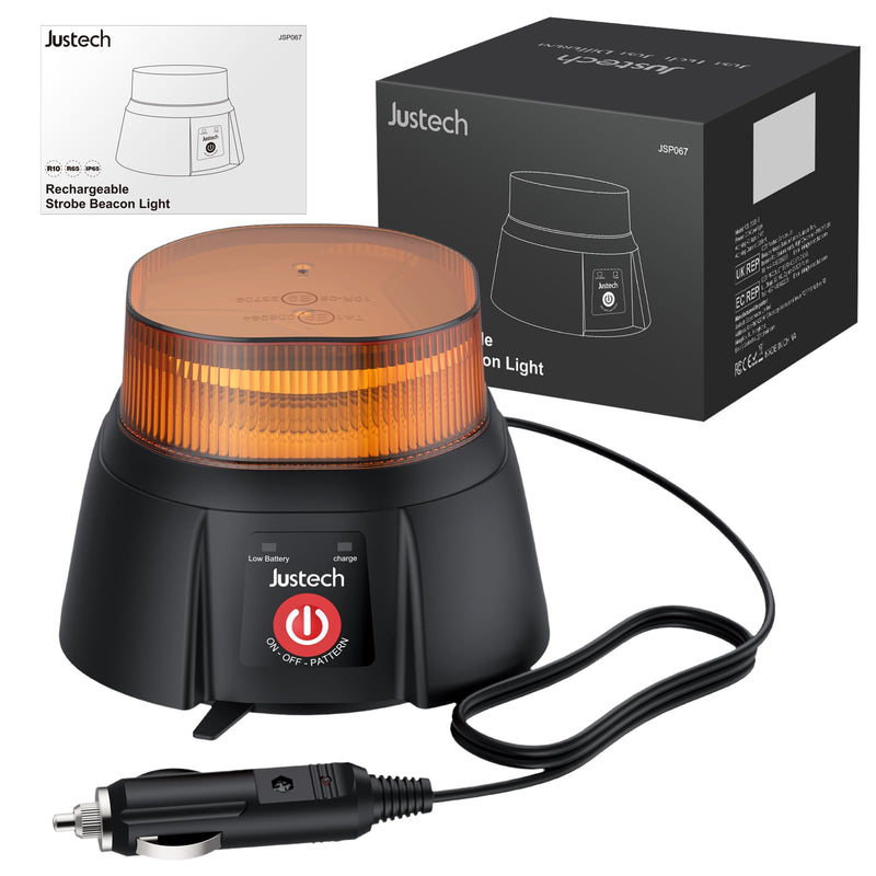 [Australia - AusPower] - Justech 36 LED Rechargeable Beacon Light 12 Flash Patterns Cordless Magnetic Flashing Emergency Light with 3ft Straight Cord, IP65 Waterproof 12-24V Amber Strobe Beacon for Snow Plow Trucks Vehicles 