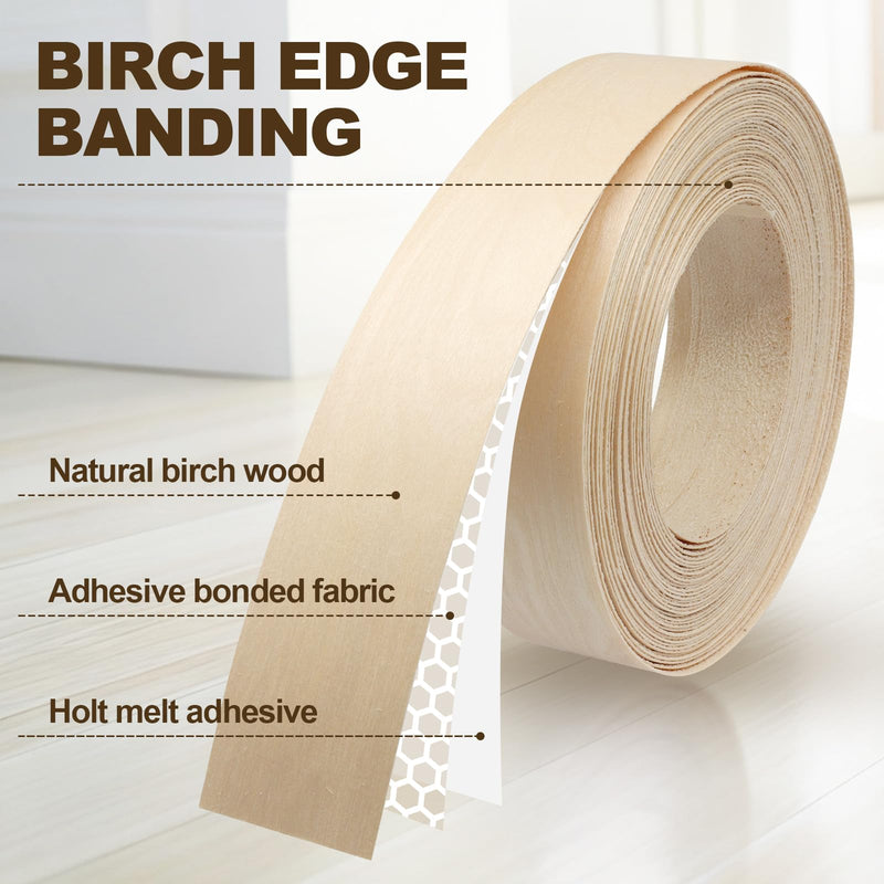 Biaungdo Birch Edge Banding 3/4 Inch x 50ft, Wood Veneer Roll Tape Banding Pre-Glued, Iron-on Veneer Edging Band Strips for Cabinet, Furniture Restoration