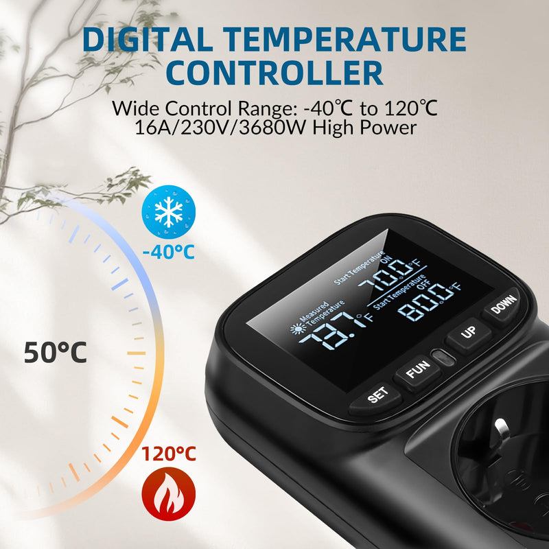 [Australia - AusPower] - Digital Temperature Controller Socket, 230 V Thermostat Socket with 2 m Sensor, Heating, Cooling Temperature Switch, Thermostat Socket, Temperature Switch for Greenhouse, Aquarium, Fridge Black 