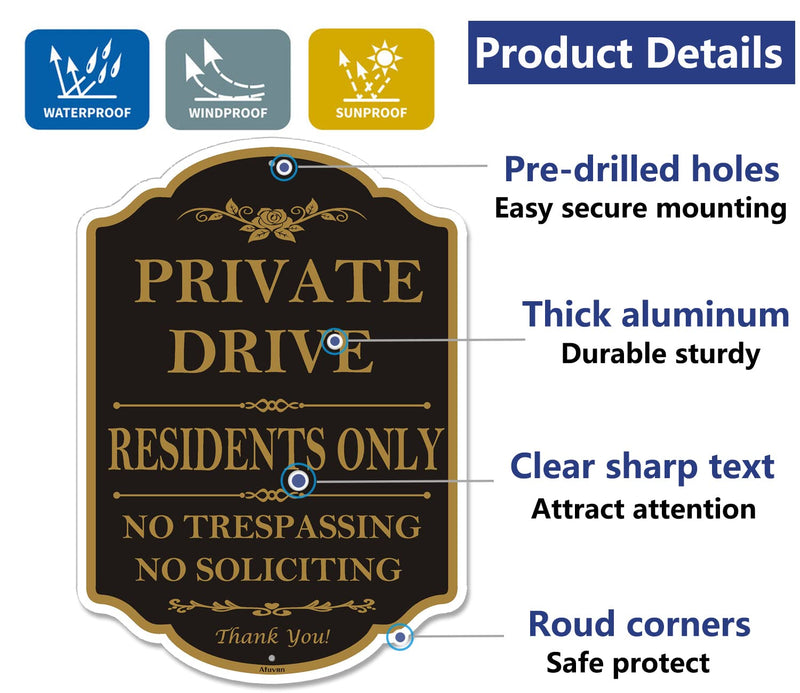 Private Drive Residents Only No Trespassing No Soliciting Signs 14"x 10" Private Driveway Sign Private Property Sign Metal Rust Free Aluminum Waterproof Outdoor Use 2 Pack