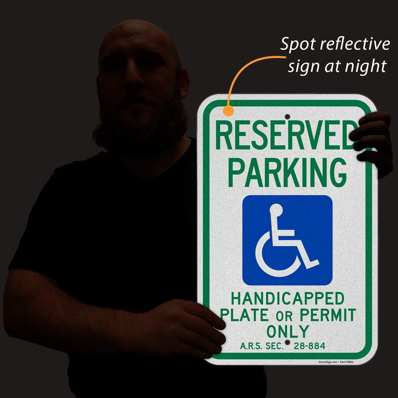 SmartSign 18"x12" Basics 'Reserved Parking Handicapped Plate Or Permit' Official Arizona State Metal Sign, 120 mil Aluminum Composite, Engineer Grade Reflective, Blue, Green/White, USA-Made Reflective Aluminum Composite