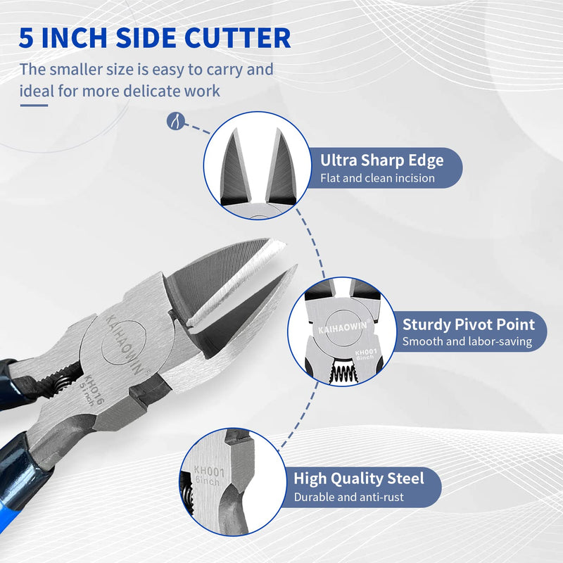 [Australia - AusPower] - Wire Cutters 5", 5 Pack KAIHAOWIN Precision Flush Cutters Ultra Sharp Wire Cutters for Crafting Side Cutters Wire Snips Spring Loaded Dikes Wire Cutter for Jewelry Making, Blue with Black Handle 