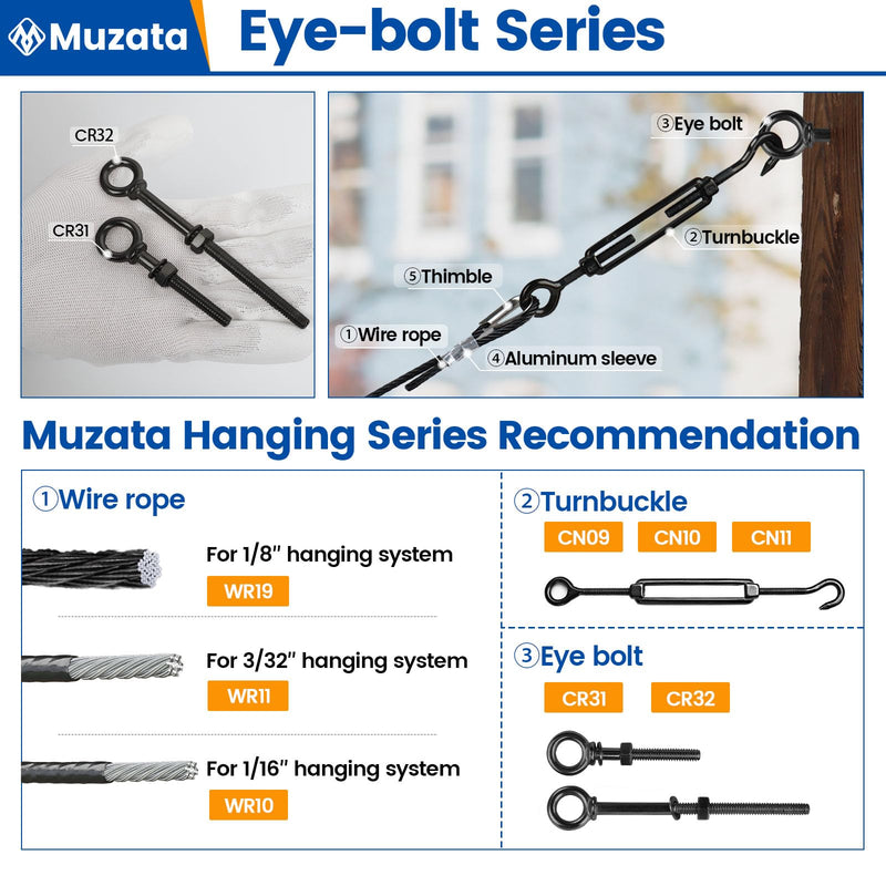 [Australia - AusPower] - Muzata 5pack 1/4" x 5" Black Eye Bolt Heavy Duty Shoulder Lifting Ring Threaded Eyebolts with Nuts Washers T316 Stainless Steel Marine Grade UNC-3A CR32 