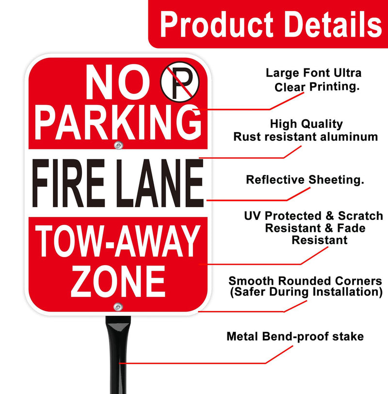 No Parking Fire Lane Sign, with 54 Inch Black Metal Stakes, 10 x 14 Inches Reflective Sheeting Rust Free Aluminum, 2 Pack, Indoor/Outdoor Use Red - 2 Pack - with 54" Metal Stakes