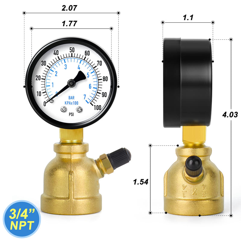 MEANLIN MEASURE 0-100Psi Forged Brass Air Test Pressure gauges, 3/4" FNPT Connection, 2" Double Graduated, Bell Shape Body Assembly, -3-2-3% Accuracy Brass Body