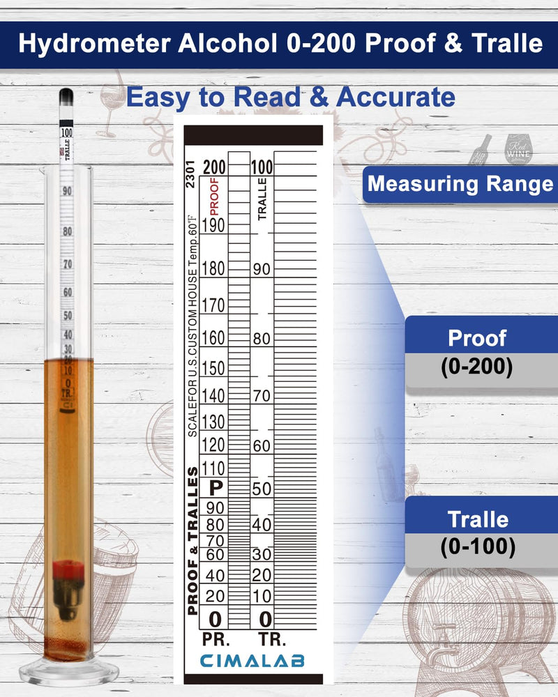 [Australia - AusPower] - Cimalab Hydrometer Alcohol Meter Kit, Hydrometer Alcohol 0-200 Proof & Tralle with Hydrometer Test Jar, Alcohol Proof Tester Hydrometer, Alcohol Tester for Liquor/Moonshine/Spirits/Proofing/Distilled 