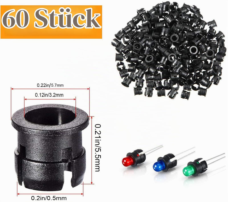 RUNCCI-YUN 60 pieces 3 mm LEDs with 20 cm cable, DC 12 V, pre-wired diode light (red, yellow, green, white, warm white, blue) + plastic mounting rings + 9 V battery terminal 3 mm and red, blue, green, white, yellow, orange