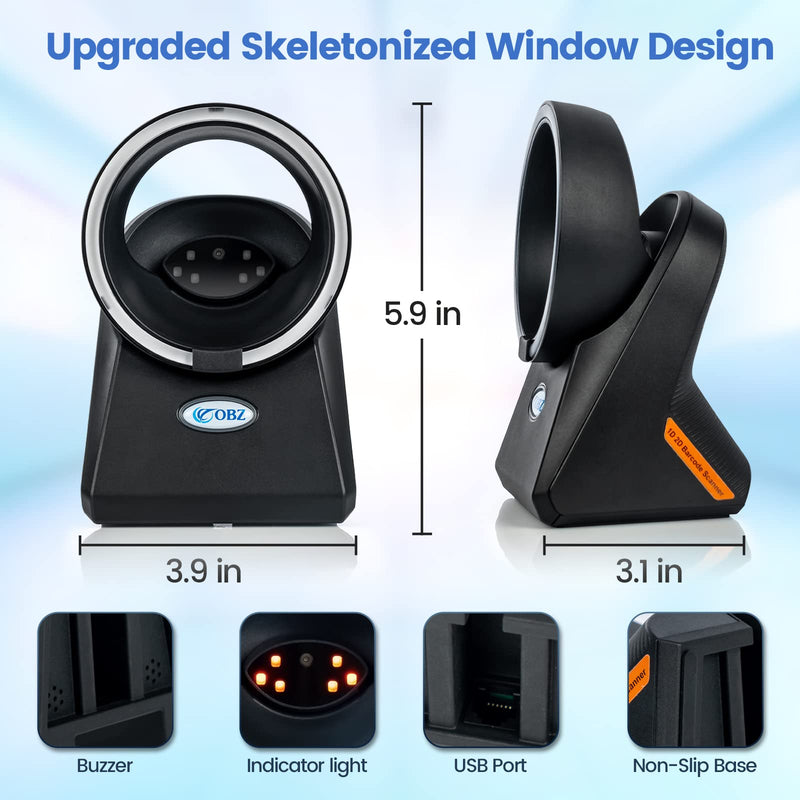 [Australia - AusPower] - OBZ Desktop Barcode Scanner Hands-Free 1D 2D Code Reader,Omnidirectional Automatic USB Wired Barcode Scanner with Adjustable Head,Plug and Play for Windows Mac Linux POS Store Inventory Management 