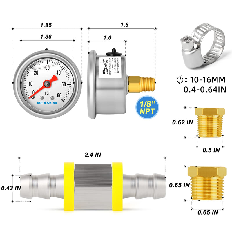 [Australia - AusPower] - MEANLIN MEASURE 0-60Psi Stainless Steel Glycerin Filled Fuel Pressure Gauge 1/8" NPT 1.5" FACE DIAL, with 3/8" Fuel Line Pressure Adapter Liquid Filled Pressure Gauge (9Pieces Kit, Back Mount) 0-60Psi/9 Pieces Kit 
