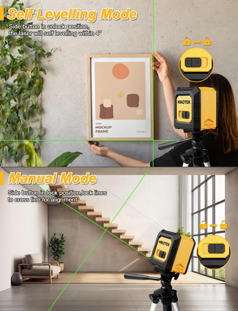 [Australia - AusPower] - Laser Level with Tripod, Self-Leveling Green Beam Horizontal and Vertical Cross-Line Laser for Home Decoration Carrying Pouch, Battery Included NK01GT With Tripod 