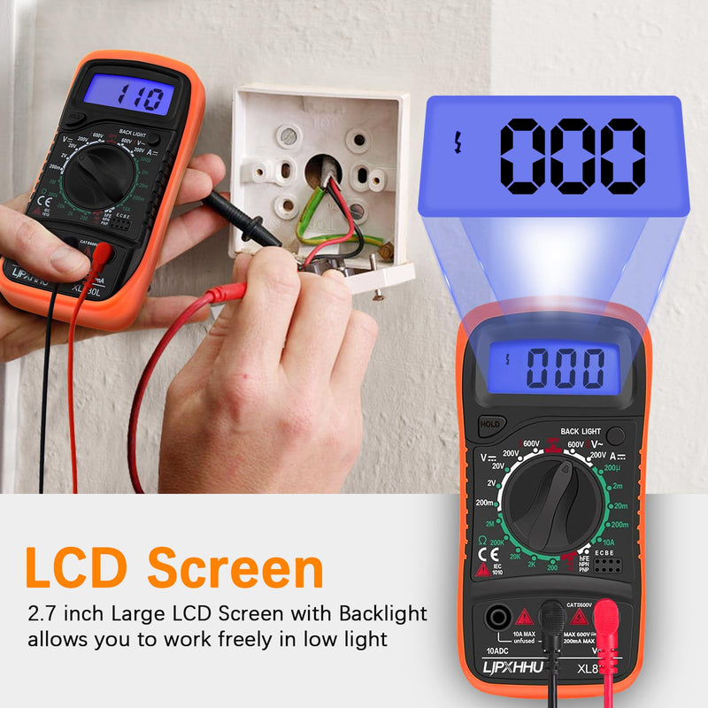 [Australia - AusPower] - Digital Multimeter Voltmeter Battery Voltage Multi Tester Continuity Ohm Volt Amp DC AC Current Resistance Diodes 2000 Counts Electrical Test Meter with Leads Backlight LCD Display Compact 