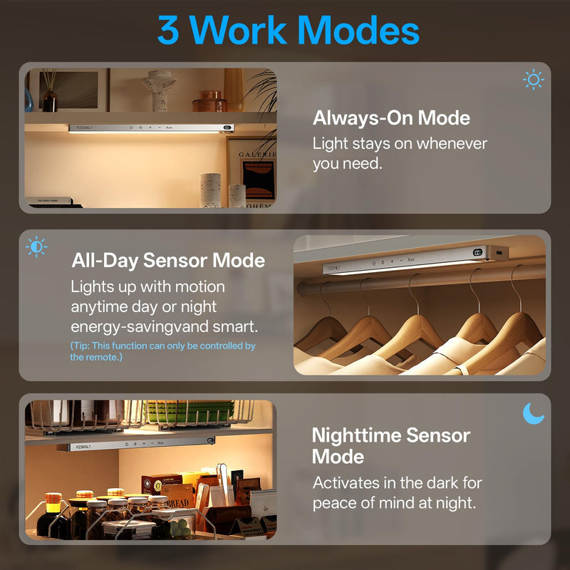 [Australia - AusPower] - 14.2inch Under Cabinet Lighting Wireless,Rechargeable Motion Sensor Light Indoor,3 Colors Dimmable,Magnetic Closet Lights with Remote,Under Counter Lights for Kitchen,Silver 2Pack Silver 