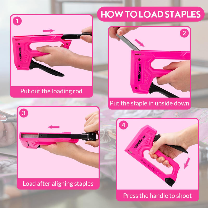 [Australia - AusPower] - THINKWORK Light Duty Staple Gun, Pink Upholstery Staple Gun for Wood with 2100pcs JT21 Staples 1/4", 5/16", 3/8" and Staple Remover, Women Fabric Stapler Gun for Crafts, Wall, Arts, DIY, Decoration 