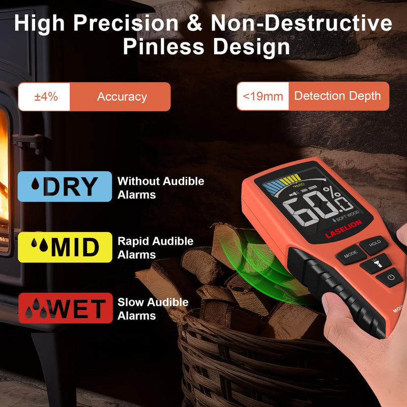 [Australia - AusPower] - Pinless Moisture Meter MS02 Non-Destructive Wood Moisture Meter Detector with Large LCD Display, Batteries, 4 Modes for Wood, Firewood,Walls,Building Materials 