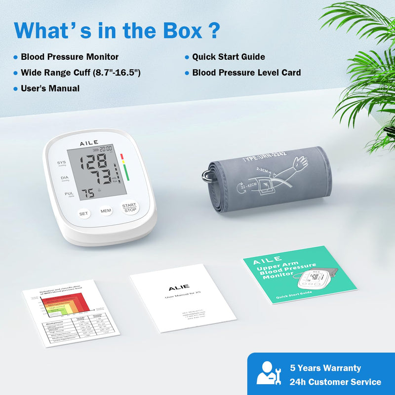 [Australia - AusPower] - Blood Pressure Monitor, AILE Blood Pressure Machine Upper Arm Large Cuff(8.7"-16.5"), High Automatic Blood Pressure Monitors Cuff for Home Use, (BP) Manual Arm Blood Pressure Monitors, 2 * 99 Memory White 
