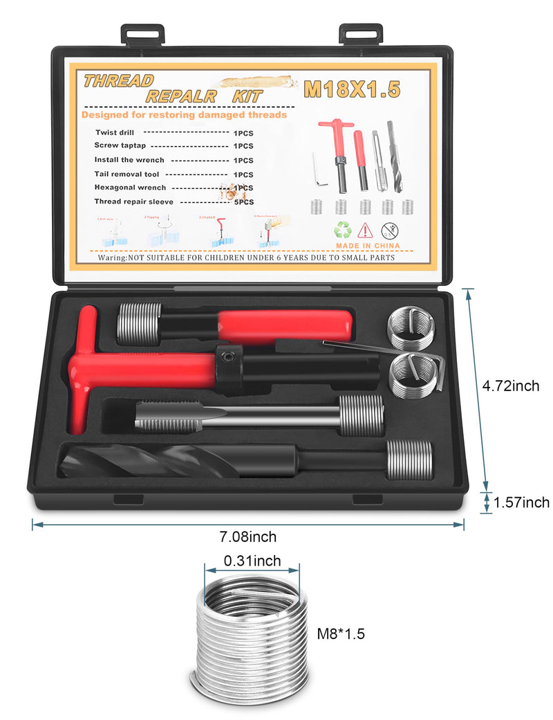 [Australia - AusPower] - M18x1.5 Thread Repair Kit, 10 Pcs Helicoil Thread Repair Kit Thread Chaser Set, Portable Thread Metric Inserts Repair Kits Helicoil Thread Repair kit, Compatible Hand Tool Set for Auto Repairing M18x1.5 