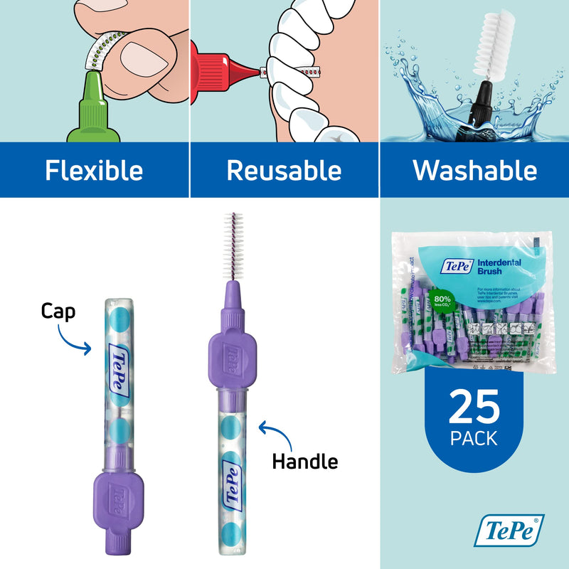 [Australia - AusPower] - TEPE Interdental Brush Original, Soft Dental Brush for Teeth Cleaning, Pack of 25, 1.1 mm, Large Gaps, Purple, Size 6 