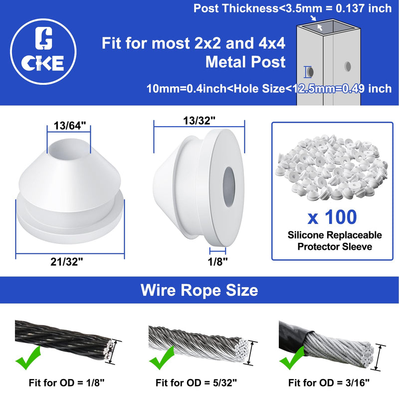CKE 100 Pack White Replaceable Cable Railing Rubber Grommet for 1/8" 5/32" 3/16" Cables for Metal Cable Railing Post, Cable Railing Kit Protector Sleeve Grommet, Cable Railing Protective Sleeves, CR10 Level