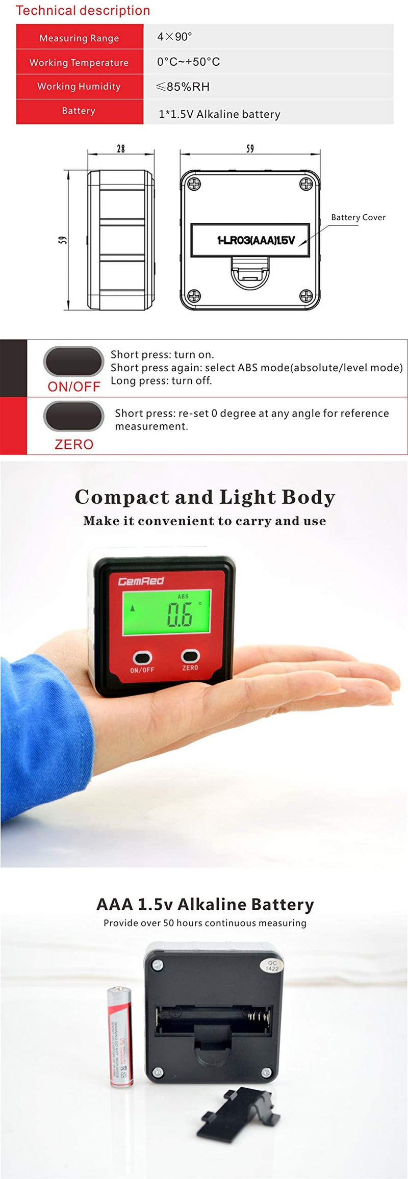 [Australia - AusPower] - GemRed 82412 Digital Angle Gauge (Green Backlight) 