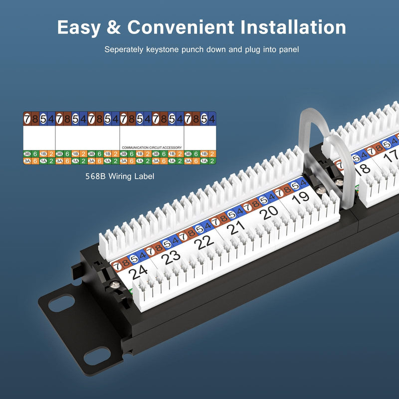 Iwillink 10Gbps Cat6A Patch Panel 24 Port, RJ45 Patch Panel UTP 19-Inch, 1U Network Patch Panel Wallmount or Rackmount Punch Down Block for Cat6A, Cat6, Cat5e, Cat5 Cabling YUNXI-PN03-C6C6A-B-FT