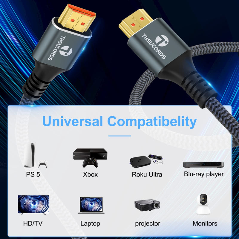 Thsucords 8K 4K HDMI Cables 15FT 2 Pack, High Speed Braided HDMI to HDMI 2.1 Cord Supports 8K@60Hz, 4K@120Hz 144Hz 48Gbps Compatible with Roku TV/PS5/HDTV/Blu-ray 2-PACK