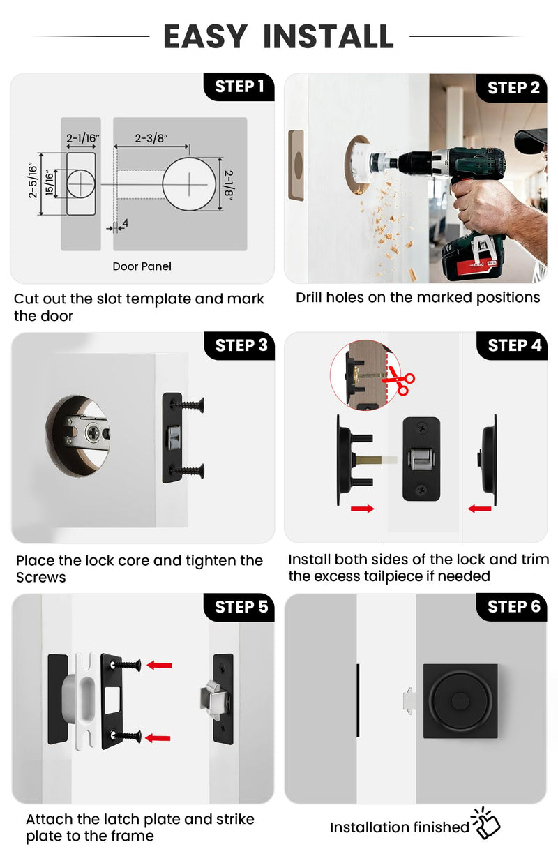 goldenwarm Matte Black Pocket Door Lock with Pull, Square Pocket Door Hardware 2-3/8" Backset, Black Pocket Door Handles 1 Pack 2-3/8” Latch