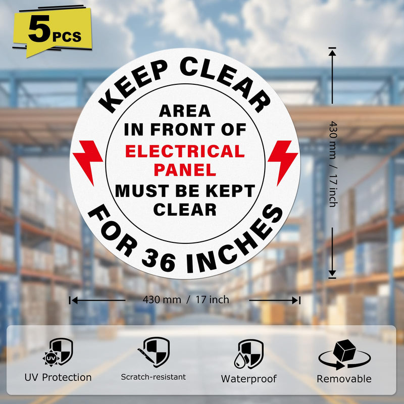 5 Pack Area In Front Of Electrical Panel Must Be Kept Clear For 36 Inches Sticker 17 × 17 Inch Warning Safety Sign Self Adhesive Waterproof Vinyl Signage for Factory Warehouse Laboratory
