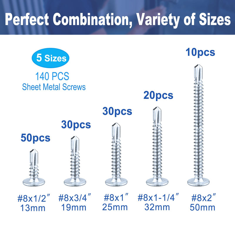 [Australia - AusPower] - 140 Pcs #8 Self Tapping Screws for Metal, Sheet Metal Screws Assortment Kit, Modified Truss Head Zinc-Plated Steel Screws, includes 5 Size (1/2in, 3/4in, 1-1/4in, 1in, 2in) 