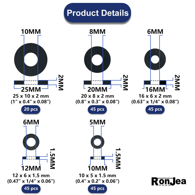 [Australia - AusPower] - 200 Pcs Flat Rubber Washers Assortment Kit: RonJea Black Rubber Flat Washer for Bolts/Faucets/Screws/Garden hose/Plumbing, Rubber Bushing Gasket kit (5 Sizes) 