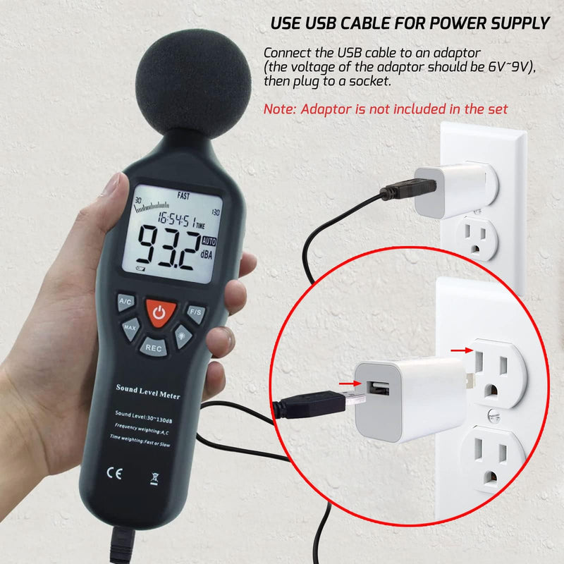 [Australia - AusPower] - Digital Sound Level Meter 30-130dB Range High Accuracy A C Weighting Data Logging 32000 Readings Fast Slow Response Backlit Display AC DC Output Portable Noise Meter 